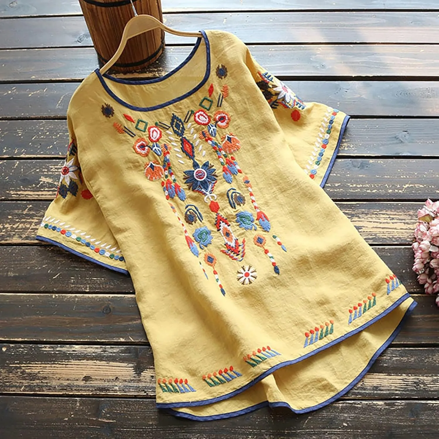 Womens Mexican Peasant Blouses Short Sleeve Embroidered Tunic Floral Cotton Linen Tops Boho Bohemian Trendy Clothes