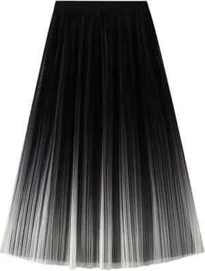 Women's Ombre Pleated Midi Skirt Elegant Gradient Tulle Skirts Elastic High Waist Flowy Skirt Summer Casual Skirts