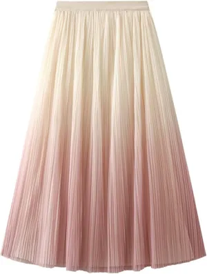 Women's Ombre Pleated Midi Skirt Elegant Gradient Tulle Skirts Elastic High Waist Flowy Skirt Summer Casual Skirts