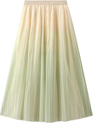 Women's Ombre Pleated Midi Skirt Elegant Gradient Tulle Skirts Elastic High Waist Flowy Skirt Summer Casual Skirts