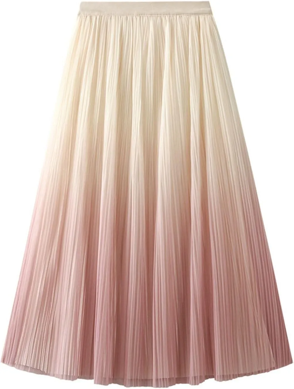 Women's Ombre Pleated Midi Skirt Elegant Gradient Tulle Skirts Elastic High Waist Flowy Skirt Summer Casual Skirts