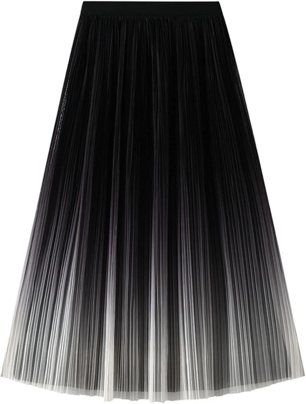 Women's Ombre Pleated Midi Skirt Elegant Gradient Tulle Skirts Elastic High Waist Flowy Skirt Summer Casual Skirts