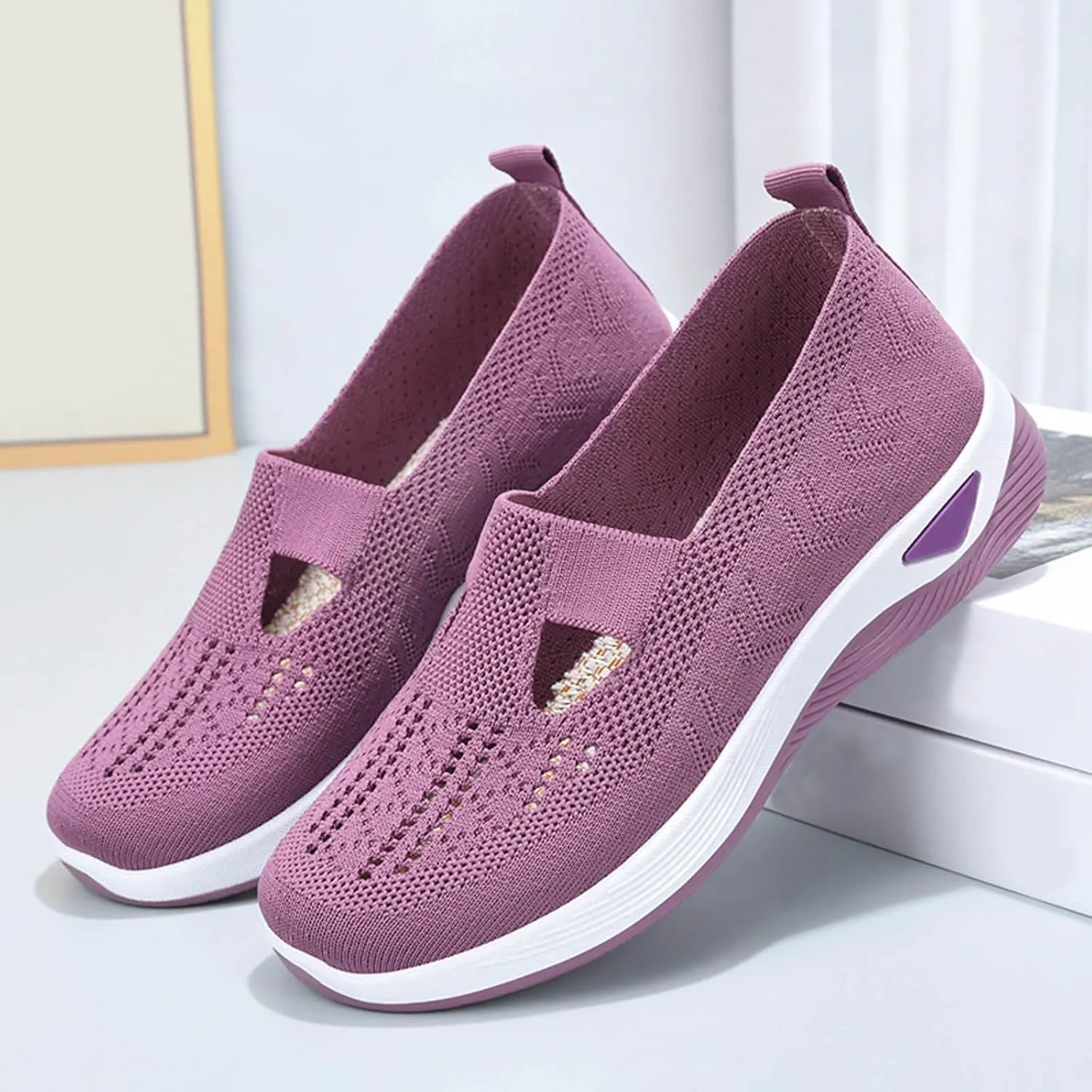 Womens Orthopedic Sneakers Comfortable Slip on Walking Shoes Non-Slip Woven Shoes Mesh Breathable Lightweight Arch Support Sneaker