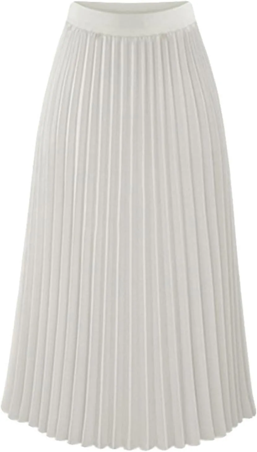 Womens Pleated Midi Skirt High Waist Swing Boho Pleated Skirt Casual Chiffon Elastic A-line Long Skirts