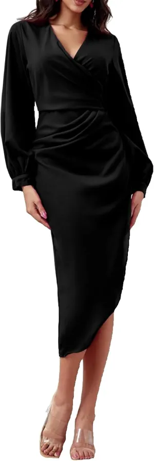 Women's Sexy Wrap V Neck Bodycon Dress Slim Asymmetrical Hem Formal Party Dresses