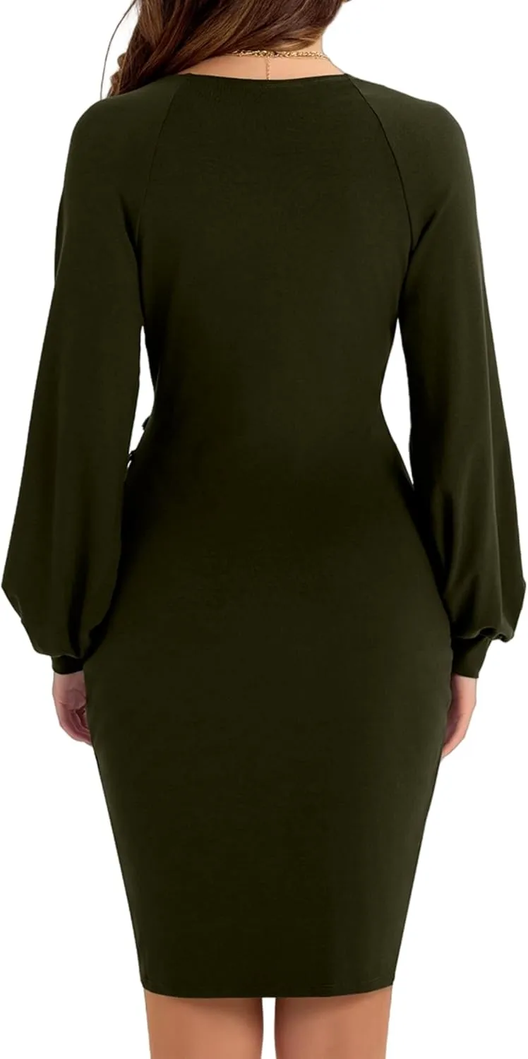 Women's Sexy Wrap V Neck Cocktail Dress Ruched Puffy Sleeve Night Out Club Dresses