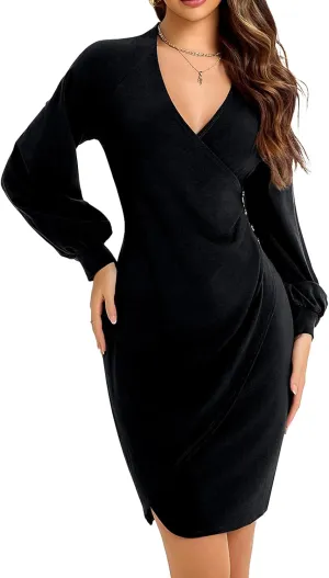 Women's Sexy Wrap V Neck Cocktail Dress Ruched Puffy Sleeve Night Out Club Dresses