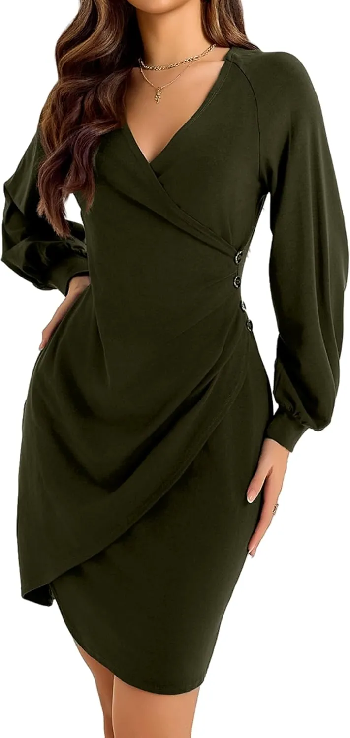 Women's Sexy Wrap V Neck Cocktail Dress Ruched Puffy Sleeve Night Out Club Dresses