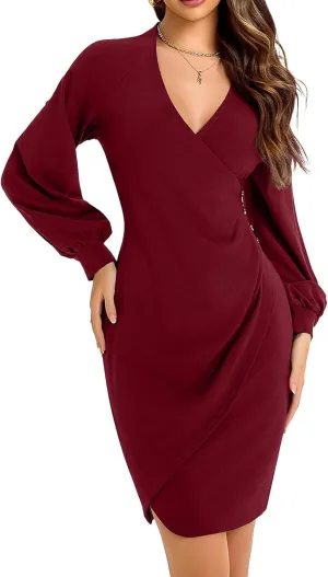 Women's Sexy Wrap V Neck Cocktail Dress Ruched Puffy Sleeve Night Out Club Dresses