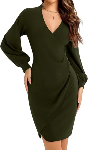 Women's Sexy Wrap V Neck Cocktail Dress Ruched Puffy Sleeve Night Out Club Dresses
