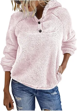 Womens Sherpa Fuzzy Pullover Hoodies Comfy Oversized Sweatshirts With Pockets Button Down Fuzzy Warm Sweaters Tops