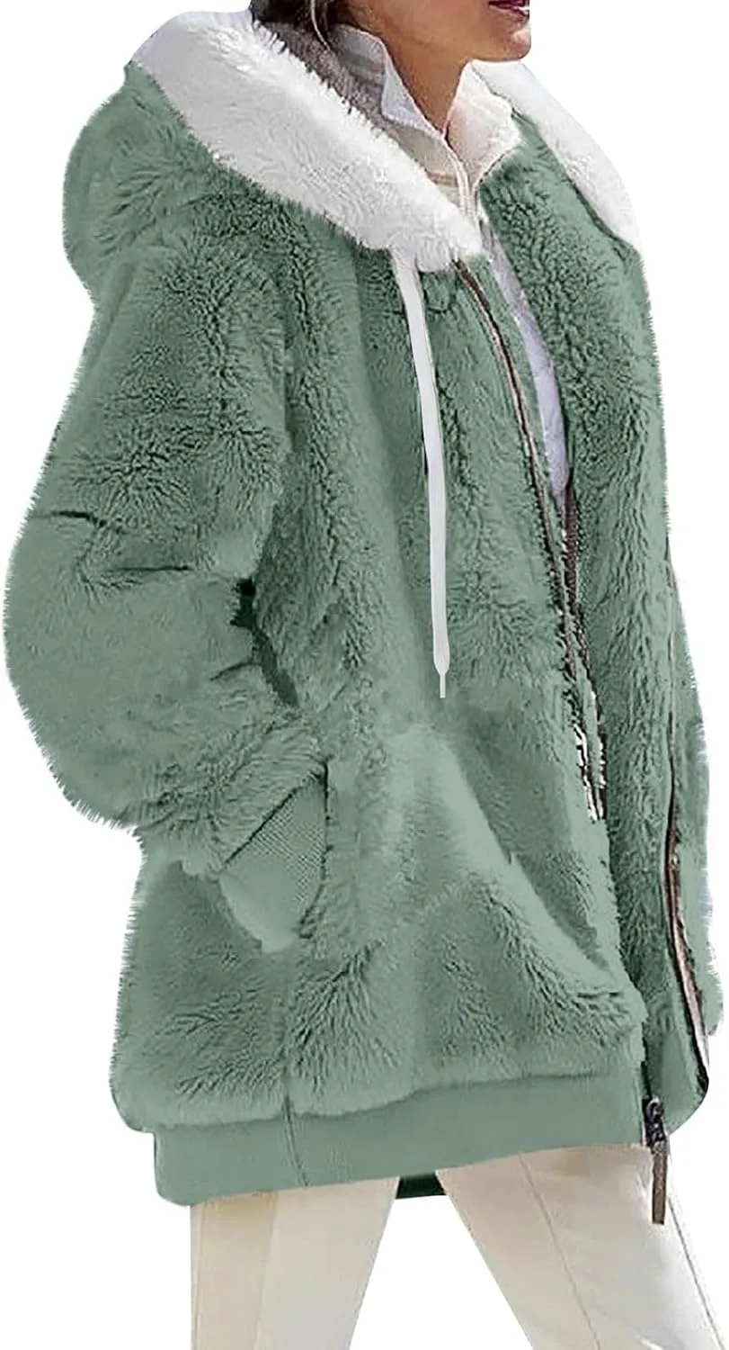 Womens Sherpa Jacket Fuzzy Plus Size Zip Up Hoodie Soft Comfy Fleece Lined Winter Coat with Pockets Warm Outerwear