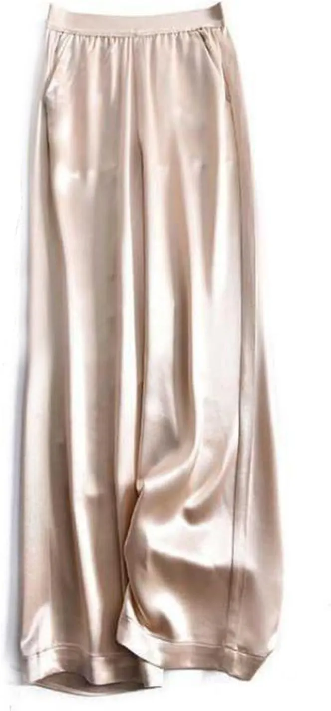 Women's Silk Wide Leg Pants, Loose Comfortable Straight Leg Casual Trousers, High Waist Elastic Waistband Long Pants