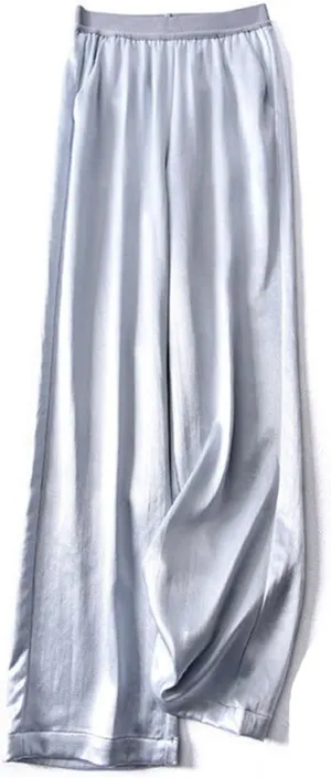 Women's Silk Wide Leg Pants, Loose Comfortable Straight Leg Casual Trousers, High Waist Elastic Waistband Long Pants