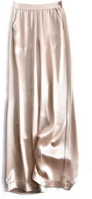 Women's Silk Wide Leg Pants, Loose Comfortable Straight Leg Casual Trousers, High Waist Elastic Waistband Long Pants