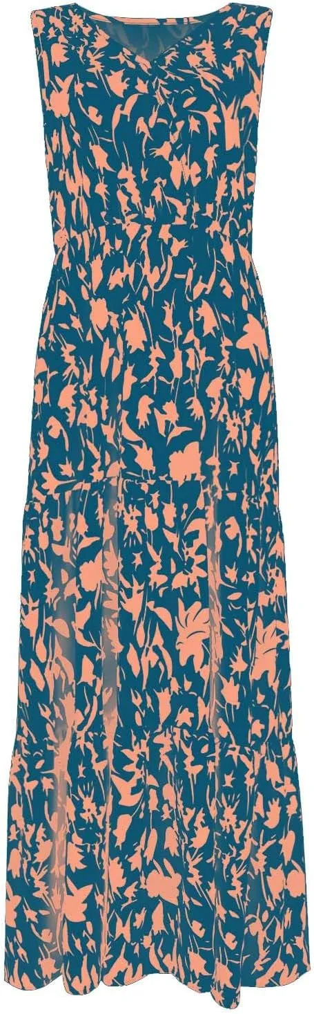 Womens Sleeveless Floral Maxi Dress Summer Casual V Neck Elastic Waist Sundress Boho Flowy Swing Elegant A Line Dress
