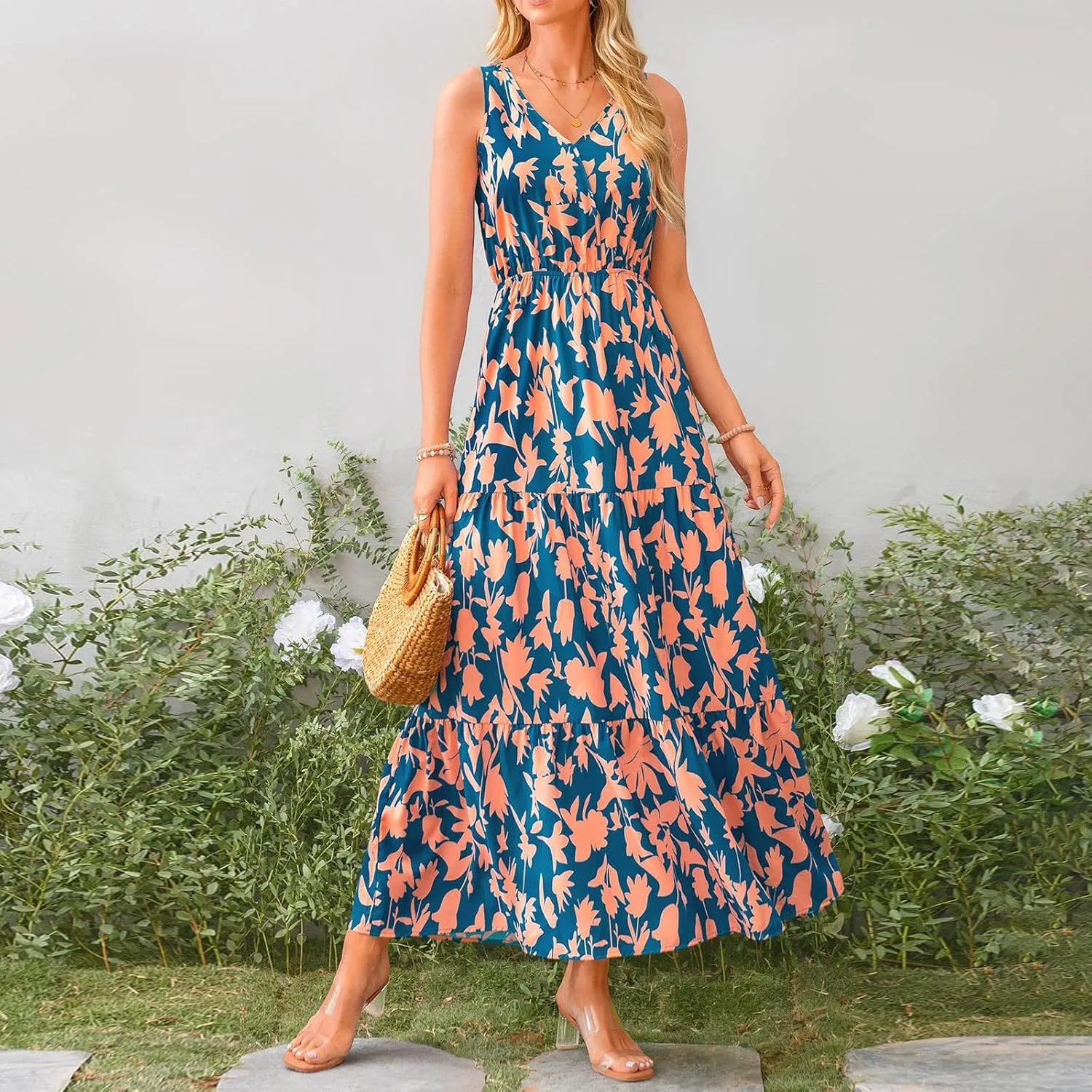 Womens Sleeveless Floral Maxi Dress Summer Casual V Neck Elastic Waist Sundress Boho Flowy Swing Elegant A Line Dress