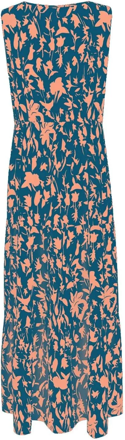 Womens Sleeveless Floral Maxi Dress Summer Casual V Neck Elastic Waist Sundress Boho Flowy Swing Elegant A Line Dress