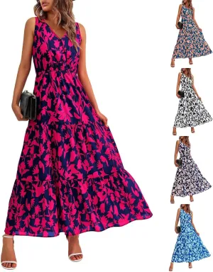 Womens Sleeveless Floral Maxi Dress Summer Casual V Neck Elastic Waist Sundress Boho Flowy Swing Elegant A Line Dress