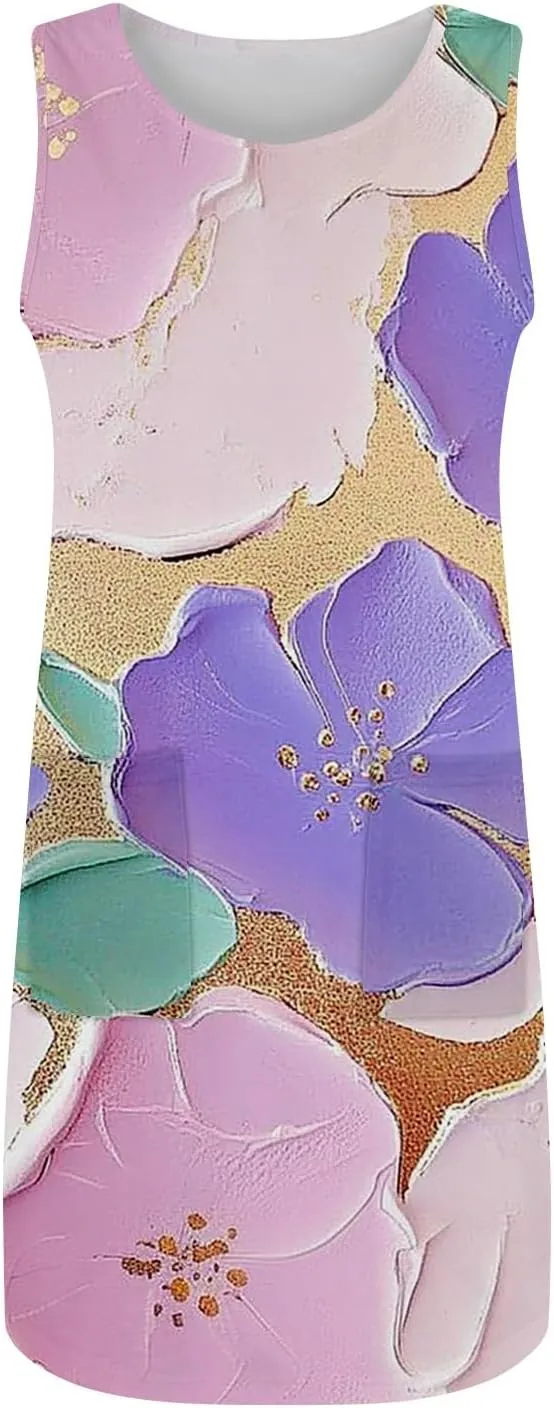 Women's Sleeveless Floral Print Summer Dress Casual Loose Fit Beach Summer with Pockets, Lightweight and Comfortable