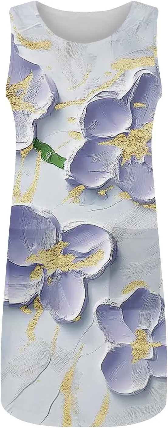 Women's Sleeveless Floral Print Summer Dress Casual Loose Fit Beach Summer with Pockets, Lightweight and Comfortable