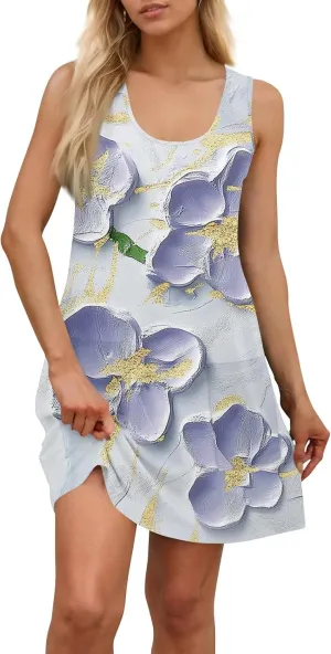 Women's Sleeveless Floral Print Summer Dress Casual Loose Fit Beach Summer with Pockets, Lightweight and Comfortable