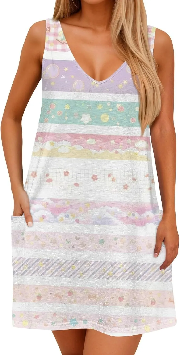 Women's Sleeveless Gradient Nightgown with Print, Soft V-Neck Sleepwear for Comfortable Nighttime Relaxation