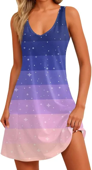 Women's Sleeveless Gradient Nightgown with Print, Soft V-Neck Sleepwear for Comfortable Nighttime Relaxation