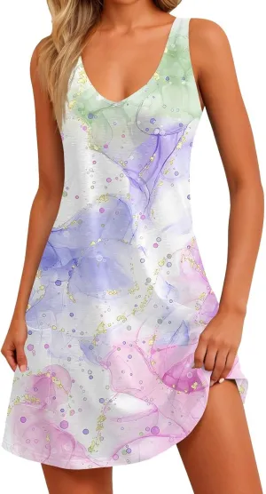 Women's Sleeveless Gradient Nightgown with Print, Soft V-Neck Sleepwear for Comfortable Nighttime Relaxation