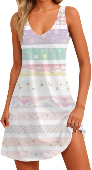 Women's Sleeveless Gradient Nightgown with Print, Soft V-Neck Sleepwear for Comfortable Nighttime Relaxation