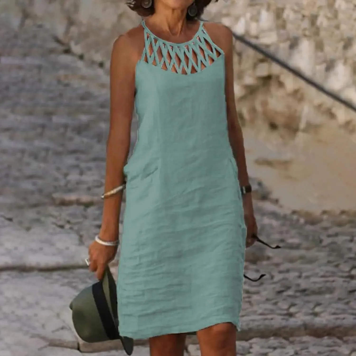 Womens Sleeveless Linen Dresses Halter Neck Summer Dress Casual Midi Sundress Trendy Beach Vacation Outfits