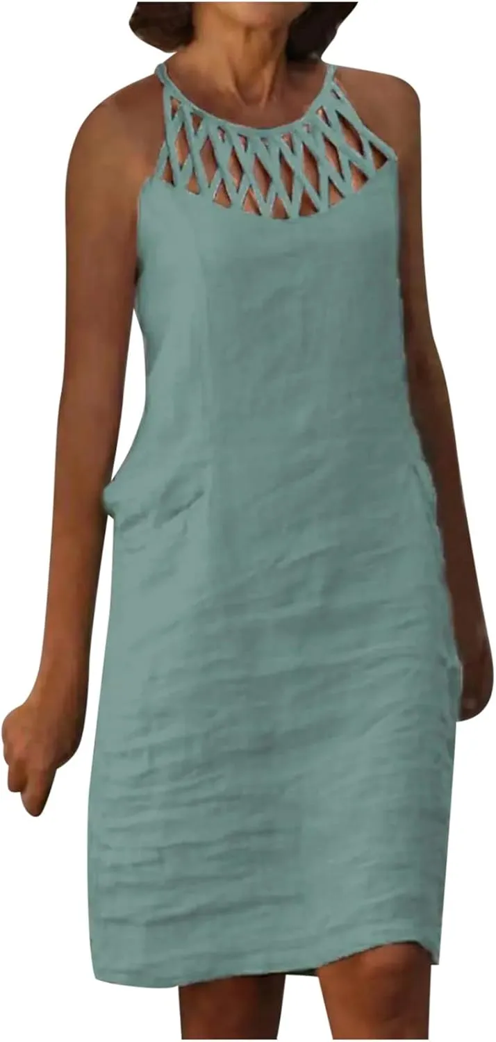 Womens Sleeveless Linen Dresses Halter Neck Summer Dress Casual Midi Sundress Trendy Beach Vacation Outfits
