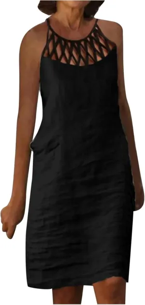 Womens Sleeveless Linen Dresses Halter Neck Summer Dress Casual Midi Sundress Trendy Beach Vacation Outfits