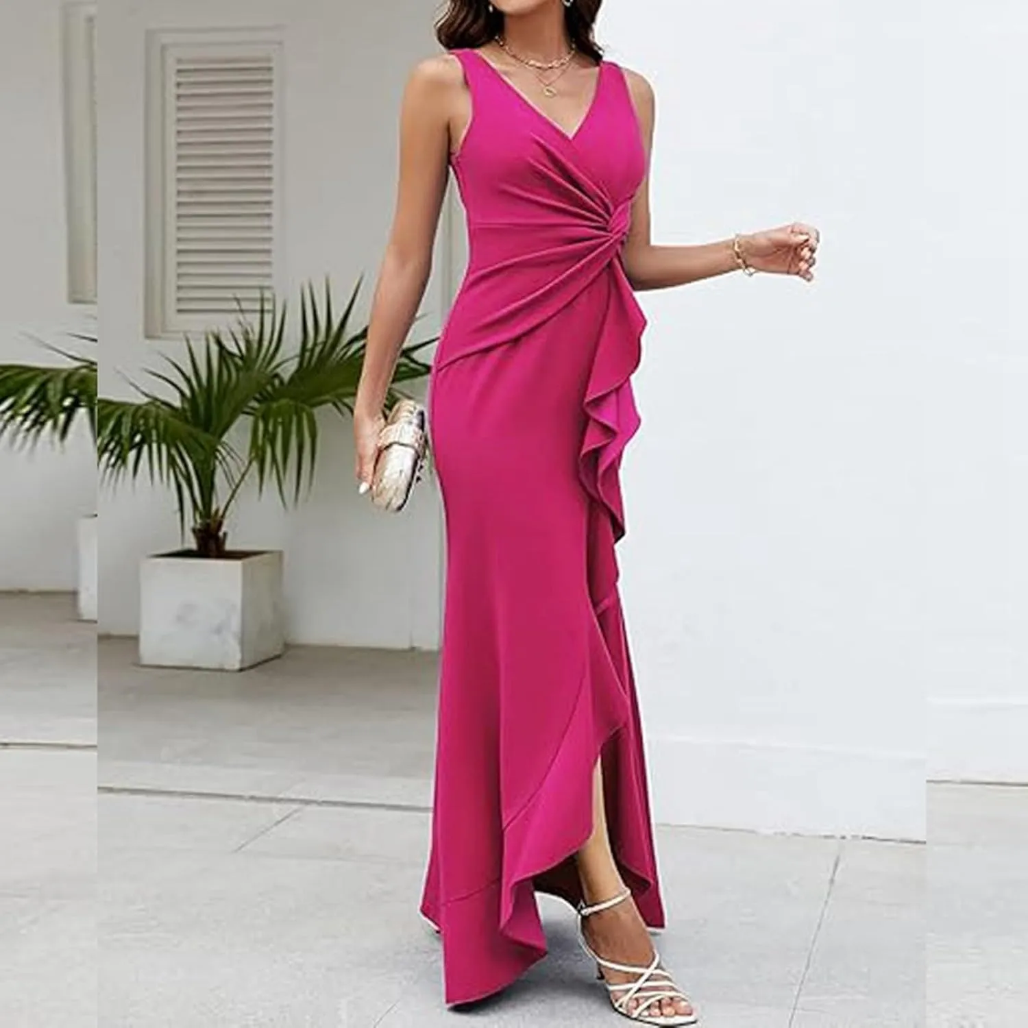 Women's Sleeveless Wedding Guest Dresses 2025 Summer Trendy Elegant Ruched Ruffle Slit Maxi Long Flowy Sundress