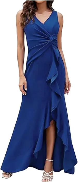 Women's Sleeveless Wedding Guest Dresses 2025 Summer Trendy Elegant Ruched Ruffle Slit Maxi Long Flowy Sundress