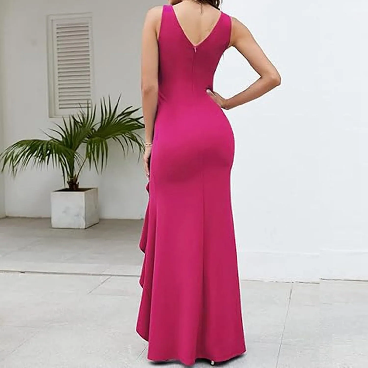 Women's Sleeveless Wedding Guest Dresses 2025 Summer Trendy Elegant Ruched Ruffle Slit Maxi Long Flowy Sundress