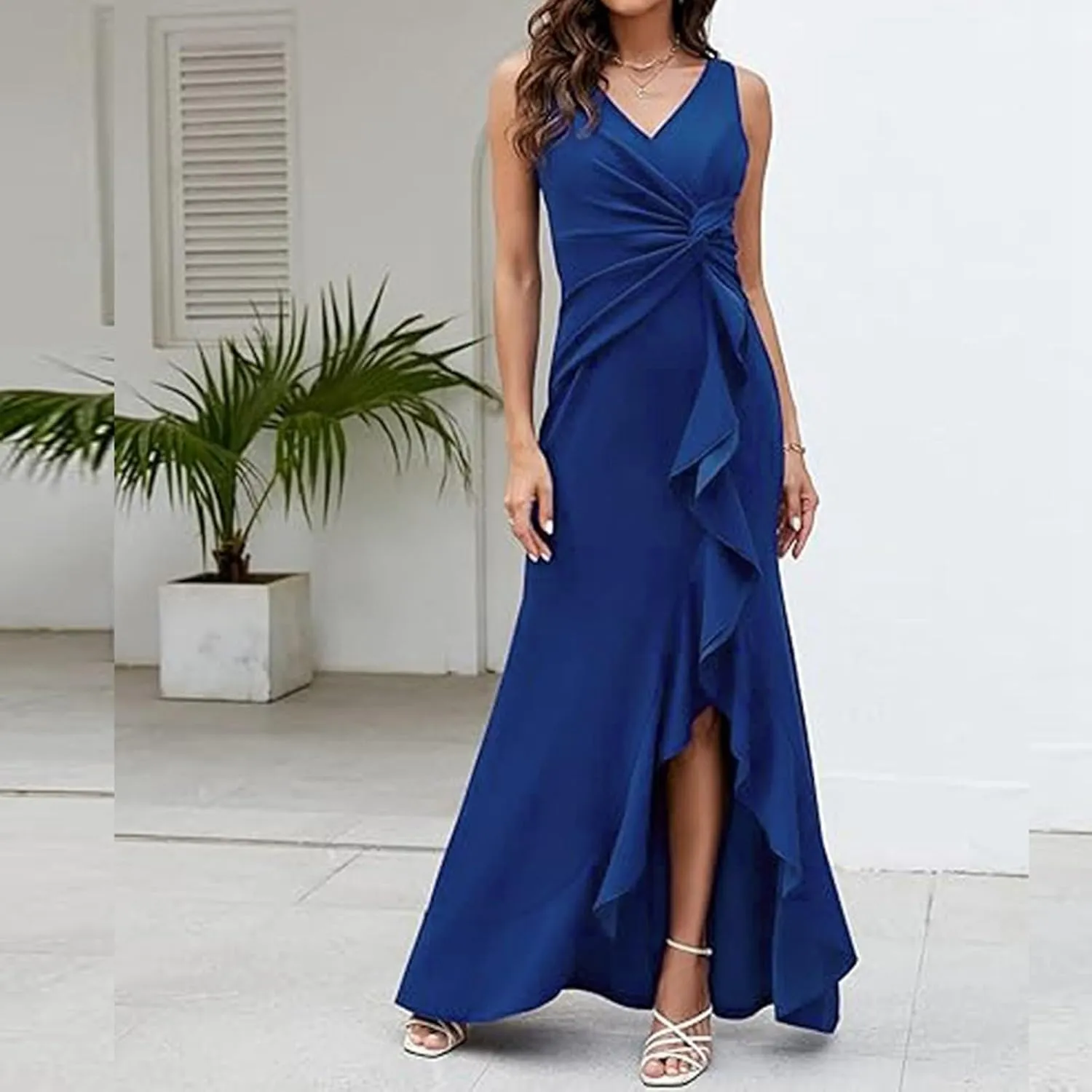 Women's Sleeveless Wedding Guest Dresses 2025 Summer Trendy Elegant Ruched Ruffle Slit Maxi Long Flowy Sundress