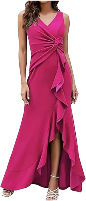 Women's Sleeveless Wedding Guest Dresses 2025 Summer Trendy Elegant Ruched Ruffle Slit Maxi Long Flowy Sundress