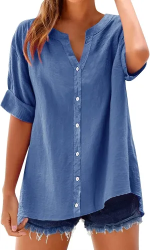Women's Solid Henley V-Neck Linen Shirt - 2025 Lightweight Summer Beach Top, Short Sleeve Boho Button Front Casual Blouse