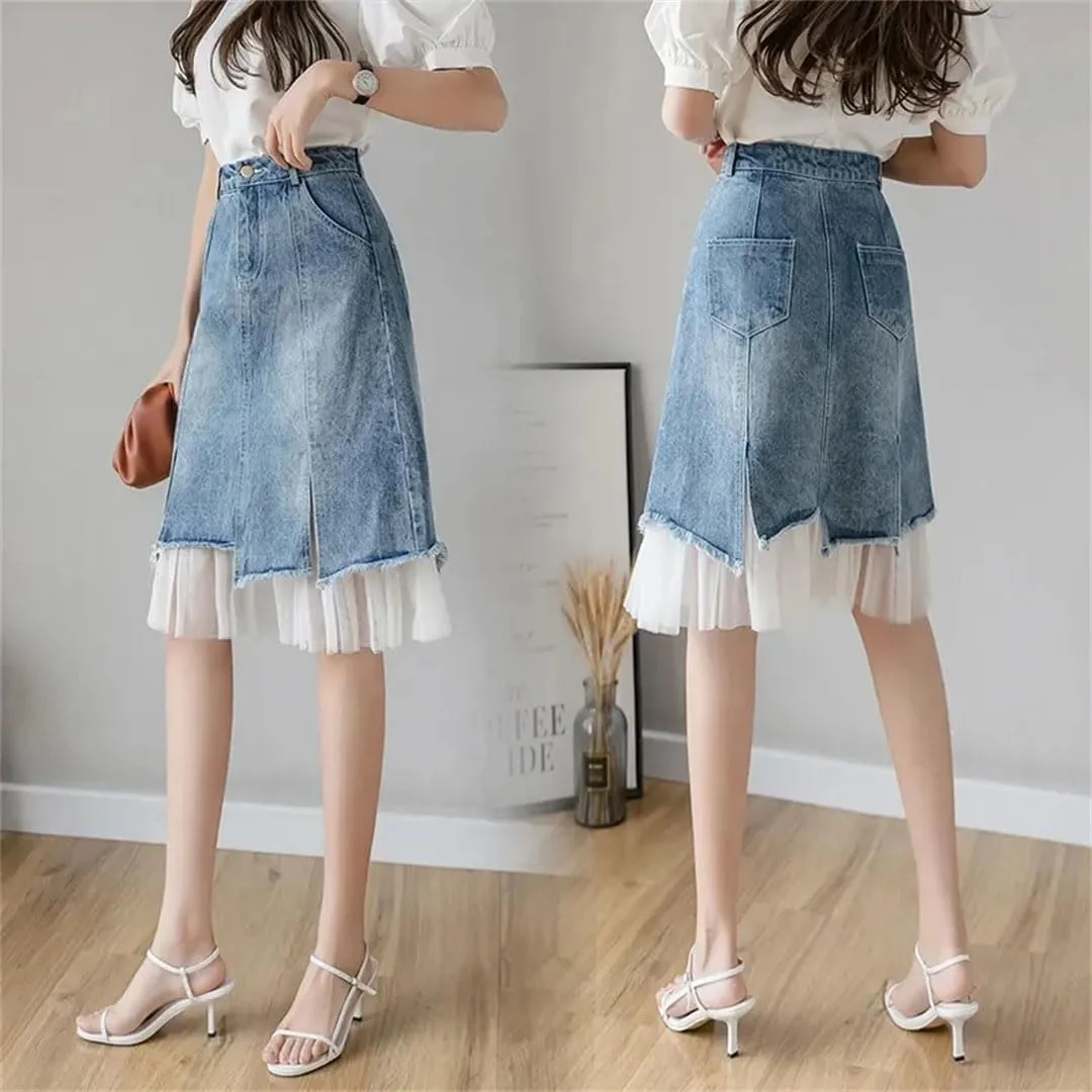Women's Split Denim Skirt High-Waisted Slimming Mesh Patchwork Irregular A-Line Skirt