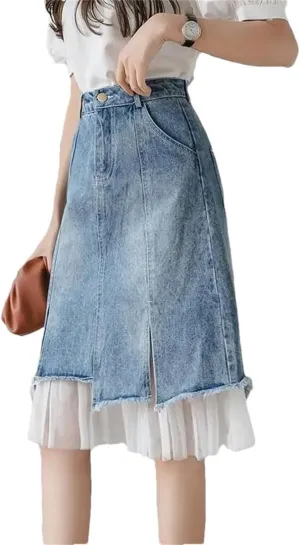 Women's Split Denim Skirt High-Waisted Slimming Mesh Patchwork Irregular A-Line Skirt