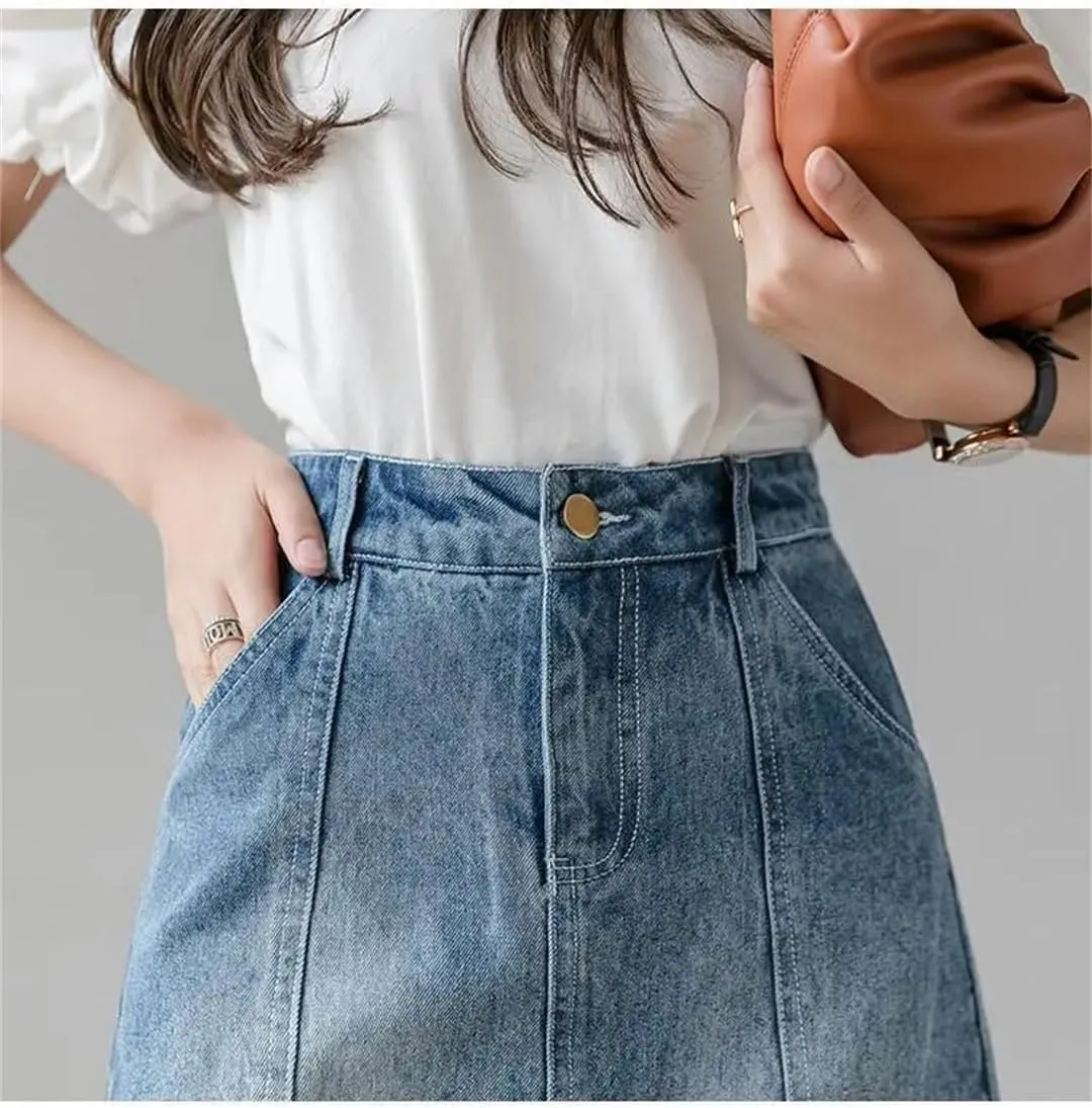 Women's Split Denim Skirt High-Waisted Slimming Mesh Patchwork Irregular A-Line Skirt