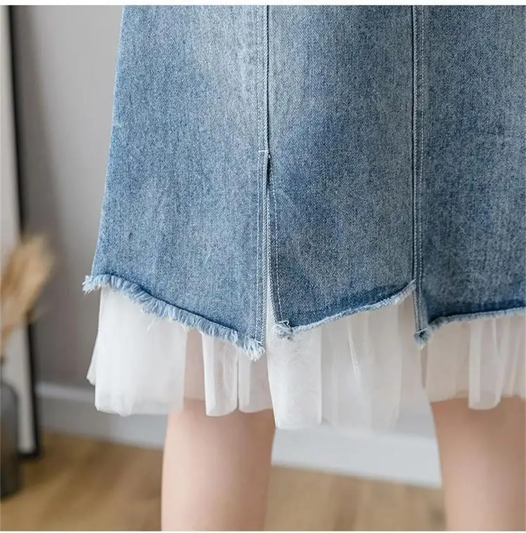 Women's Split Denim Skirt High-Waisted Slimming Mesh Patchwork Irregular A-Line Skirt