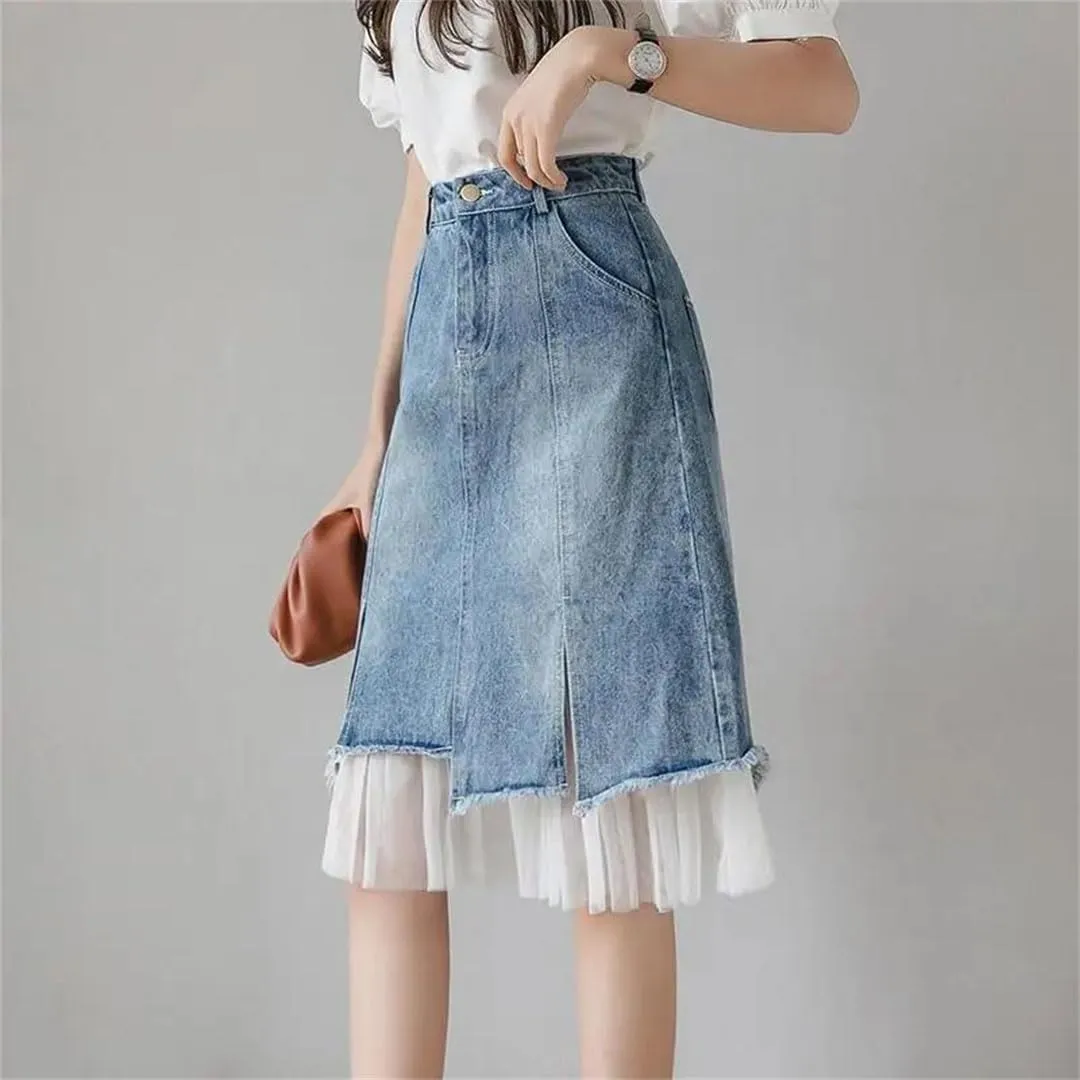 Women's Split Denim Skirt High-Waisted Slimming Mesh Patchwork Irregular A-Line Skirt