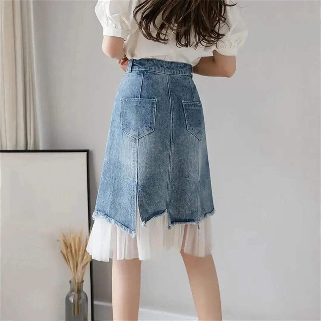 Women's Split Denim Skirt High-Waisted Slimming Mesh Patchwork Irregular A-Line Skirt