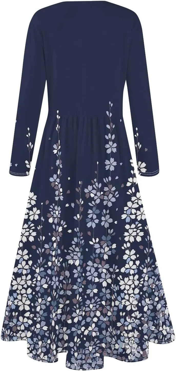 Womens Spring Dresses 2025 Long Sleeve O Neck Midi Trendy Summer Elegant Boho Holiday Fitted Dress