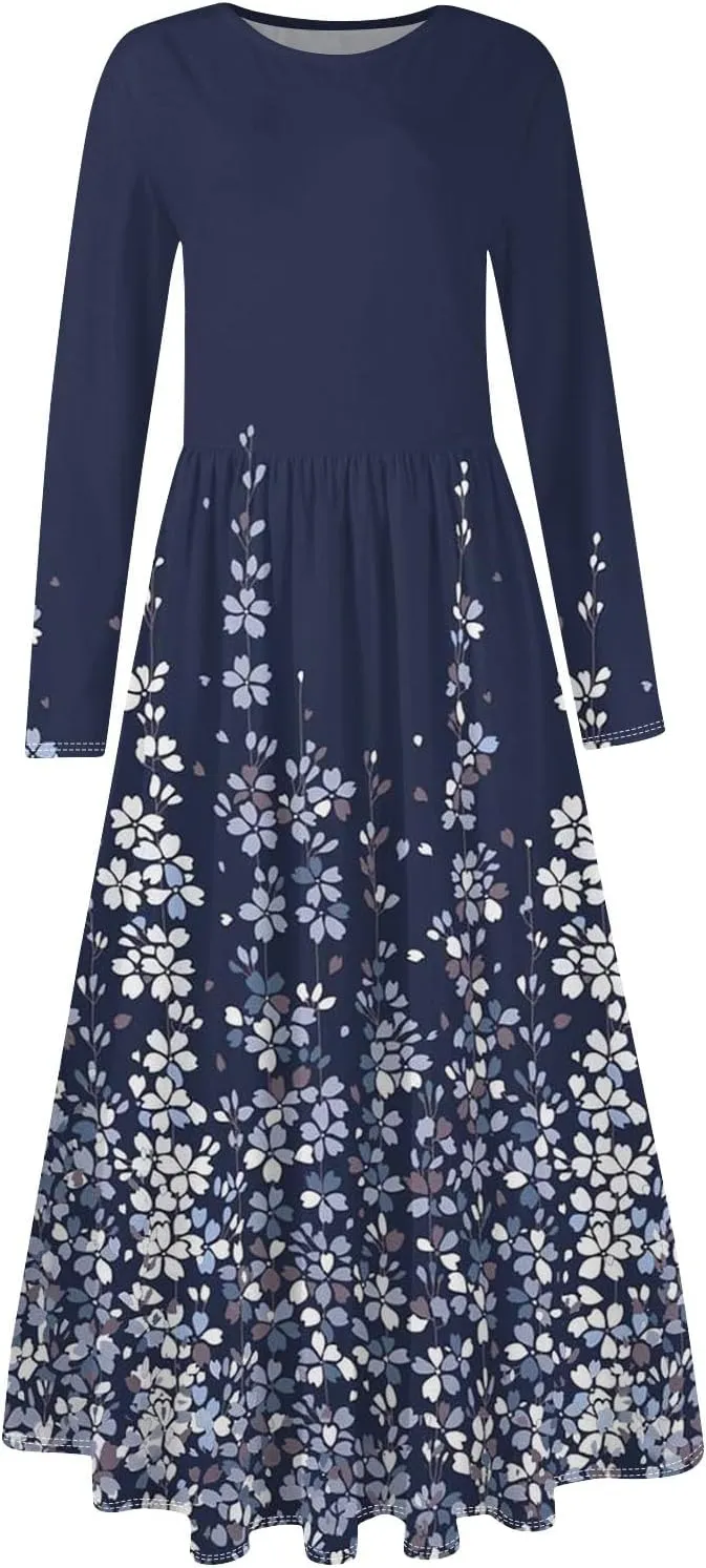 Womens Spring Dresses 2025 Long Sleeve O Neck Midi Trendy Summer Elegant Boho Holiday Fitted Dress