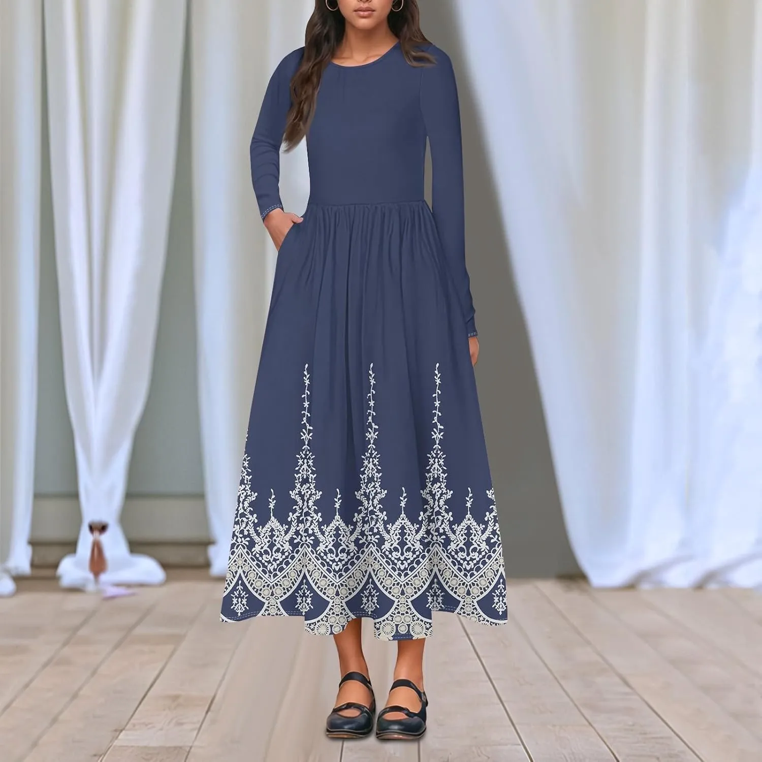 Womens Spring Dresses 2025 Long Sleeve O Neck Midi Trendy Summer Elegant Boho Holiday Fitted Dress
