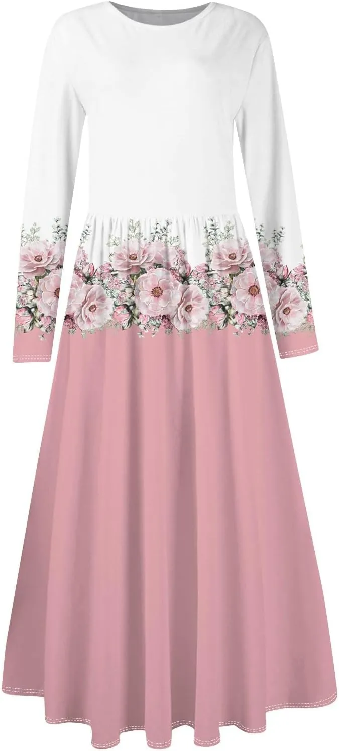 Womens Spring Dresses 2025 Long Sleeve O Neck Midi Trendy Summer Elegant Boho Holiday Fitted Dress