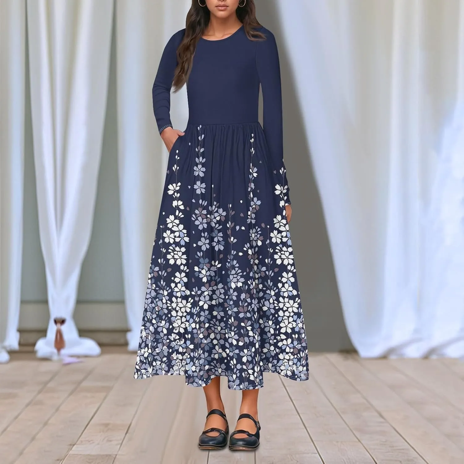 Womens Spring Dresses 2025 Long Sleeve O Neck Midi Trendy Summer Elegant Boho Holiday Fitted Dress